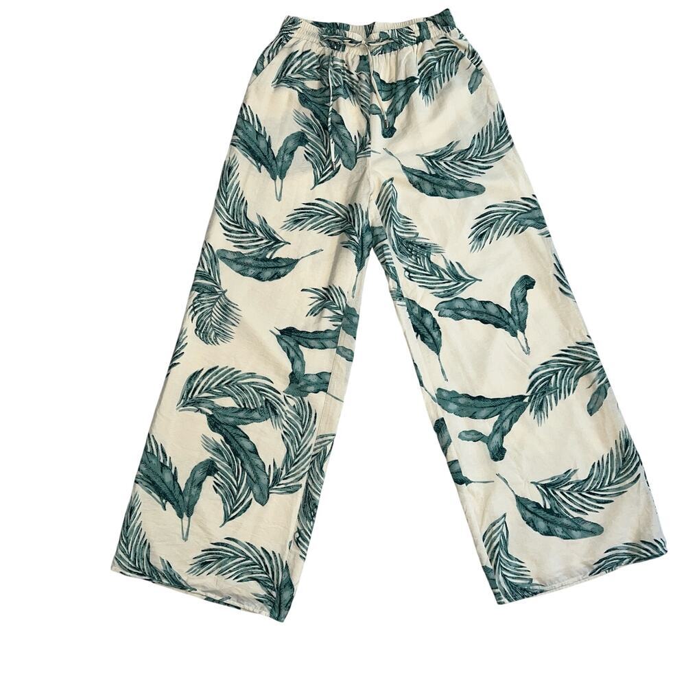 Skies Are Blue Wide Leg Palm-Print Pants in Cream and Teal